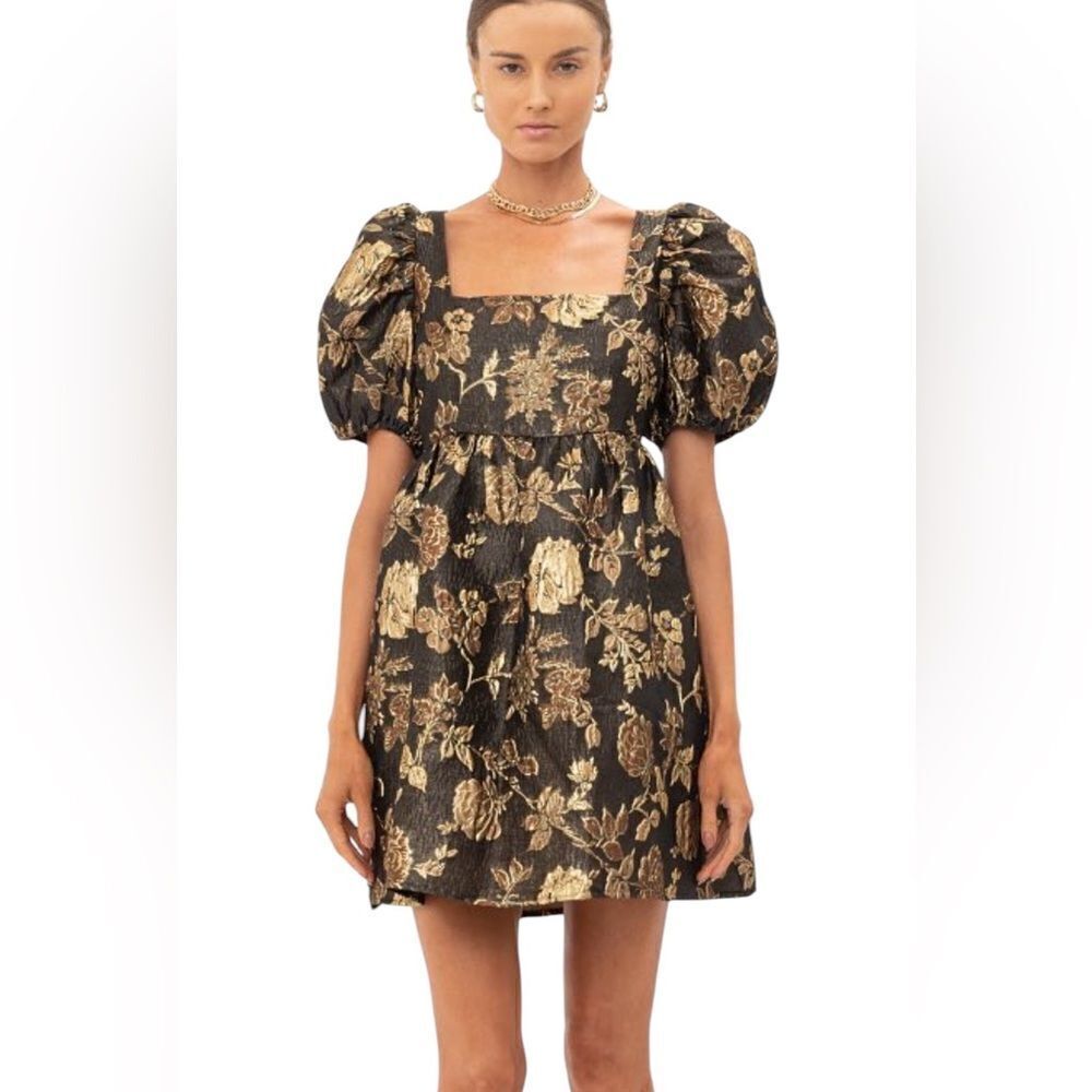 Sophie the Label Gold Puff Sleeve Metallic Jacquard Mini Dress S NWT